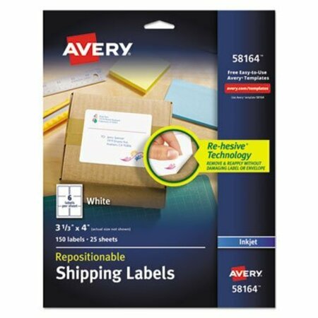 AVERY DENNISON Avery, REPOSITIONABLE SHIPPING LABELS W/SUREFEED, INKJET, 3 1/3 X 4, WHITE, 150PK 58164